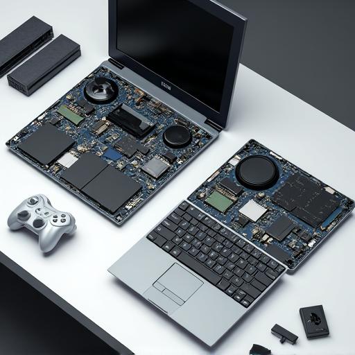A disassembled laptop and a gaming console on a repair desk.
